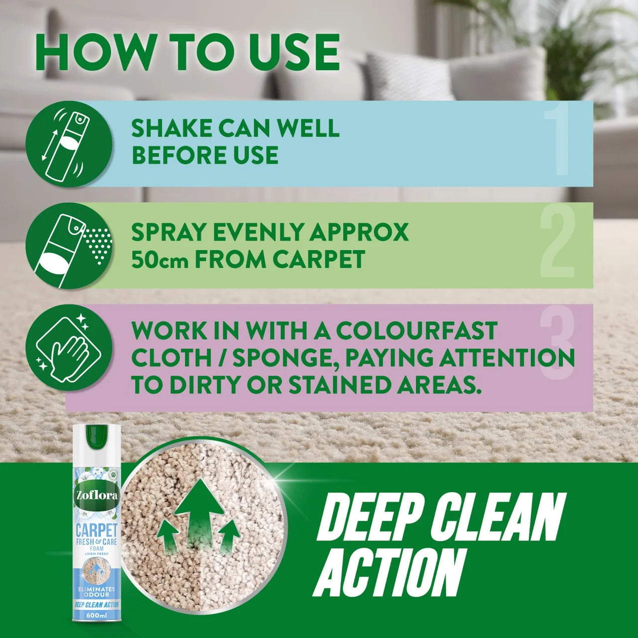 Zoflora Linen Fresh Carpet Fresh & Care Foam 600ml