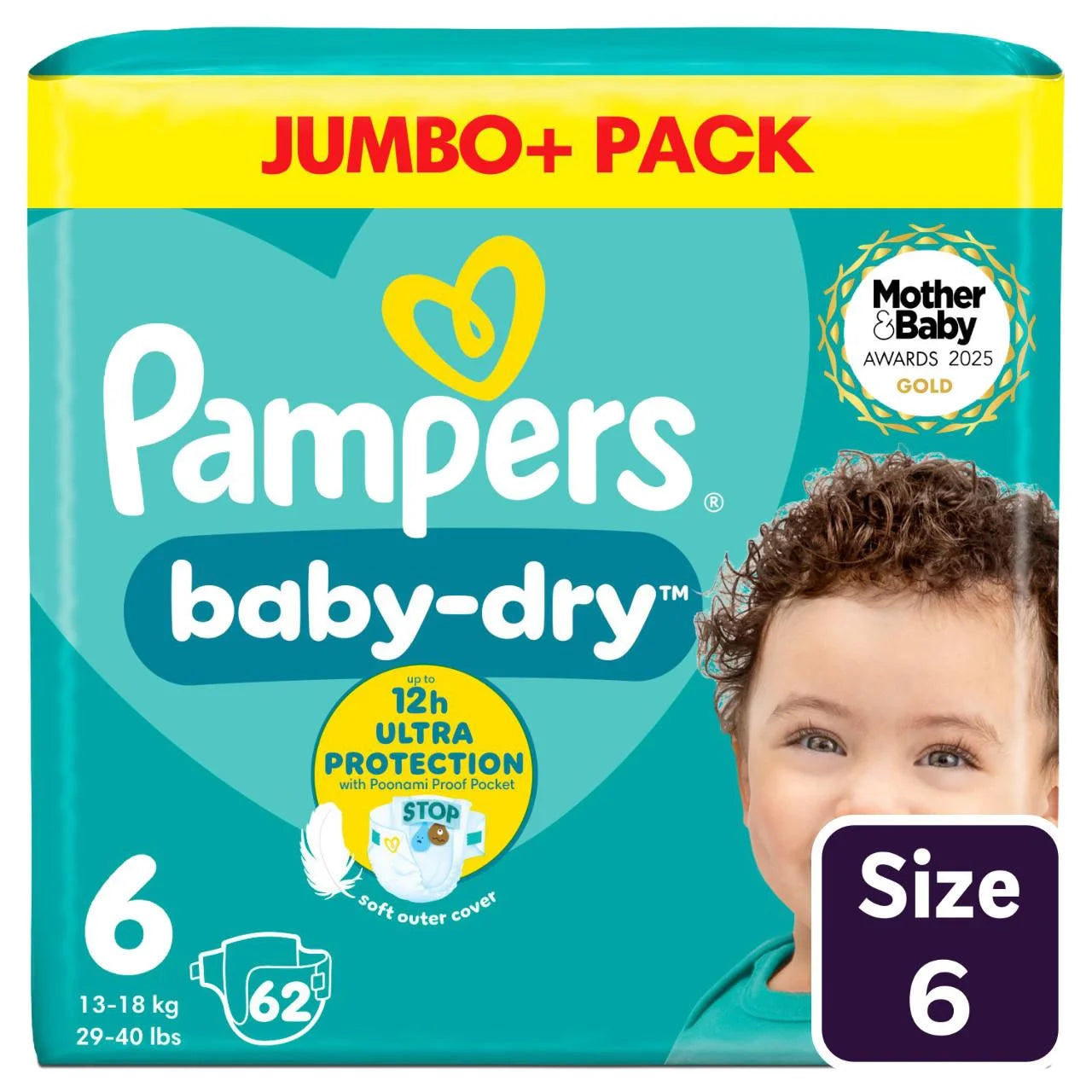 Pampers Baby-Dry Nappies, Size 6 (13-18kg) Jumbo+ 62 per  Pack