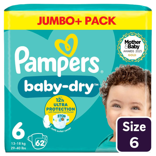 Pampers Baby-Dry Nappies, Size 6 (13-18kg) Jumbo+ 62 per  Pack