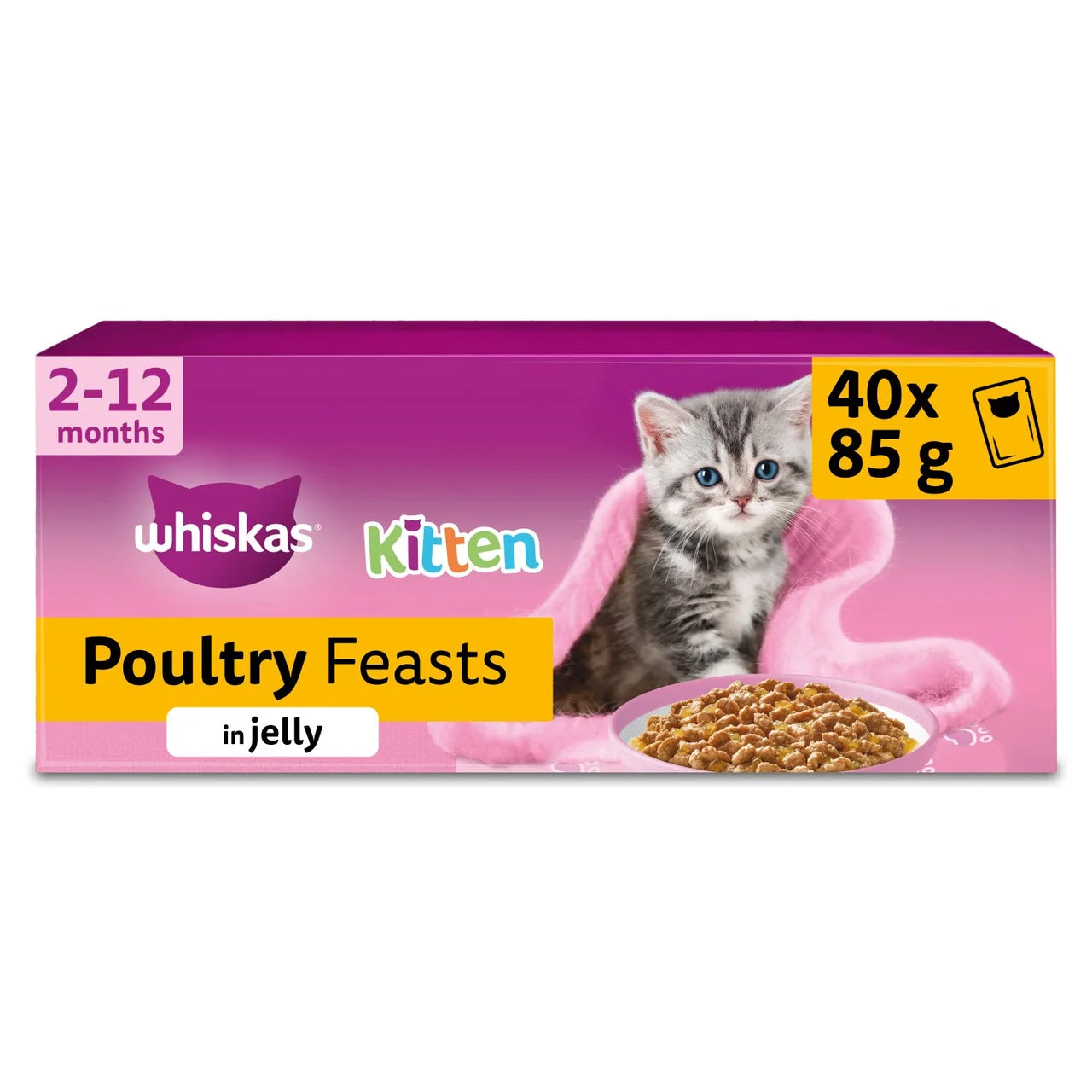 Whiskas Kitten 2-12mths Wet Cat Food Pouches Poultry Feasts in Jelly 40 x 85g