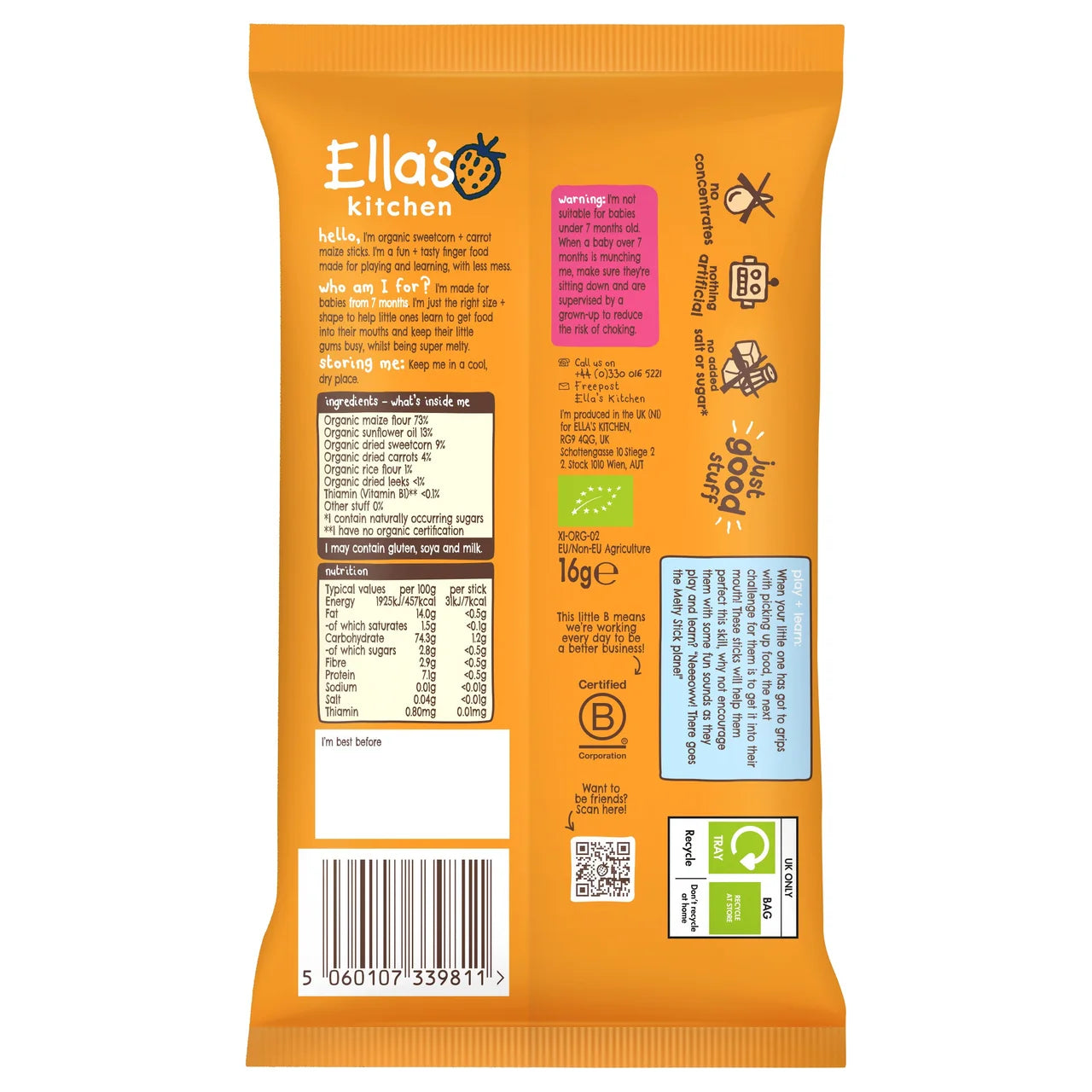 Ella's Kitchen Sweetcorn & Carrot Melty Sticks Baby Snack 7+ Months 16g
