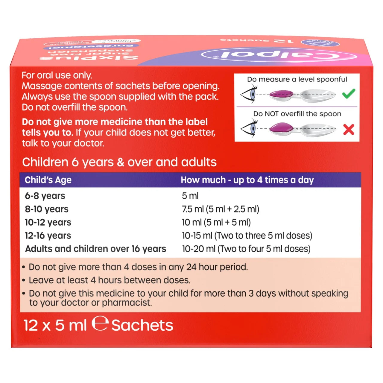 Calpol SixPlus Sugar & Colour Free Suspension Sachets Strawberry 6+ Years 12 x 5ml