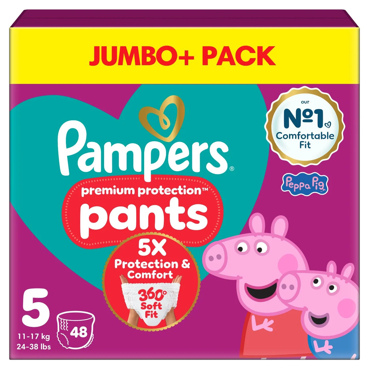 Pampers Premium Protection Nappy Pants, Size 5 (12-17kg) Jumbo+ 48 per Pack