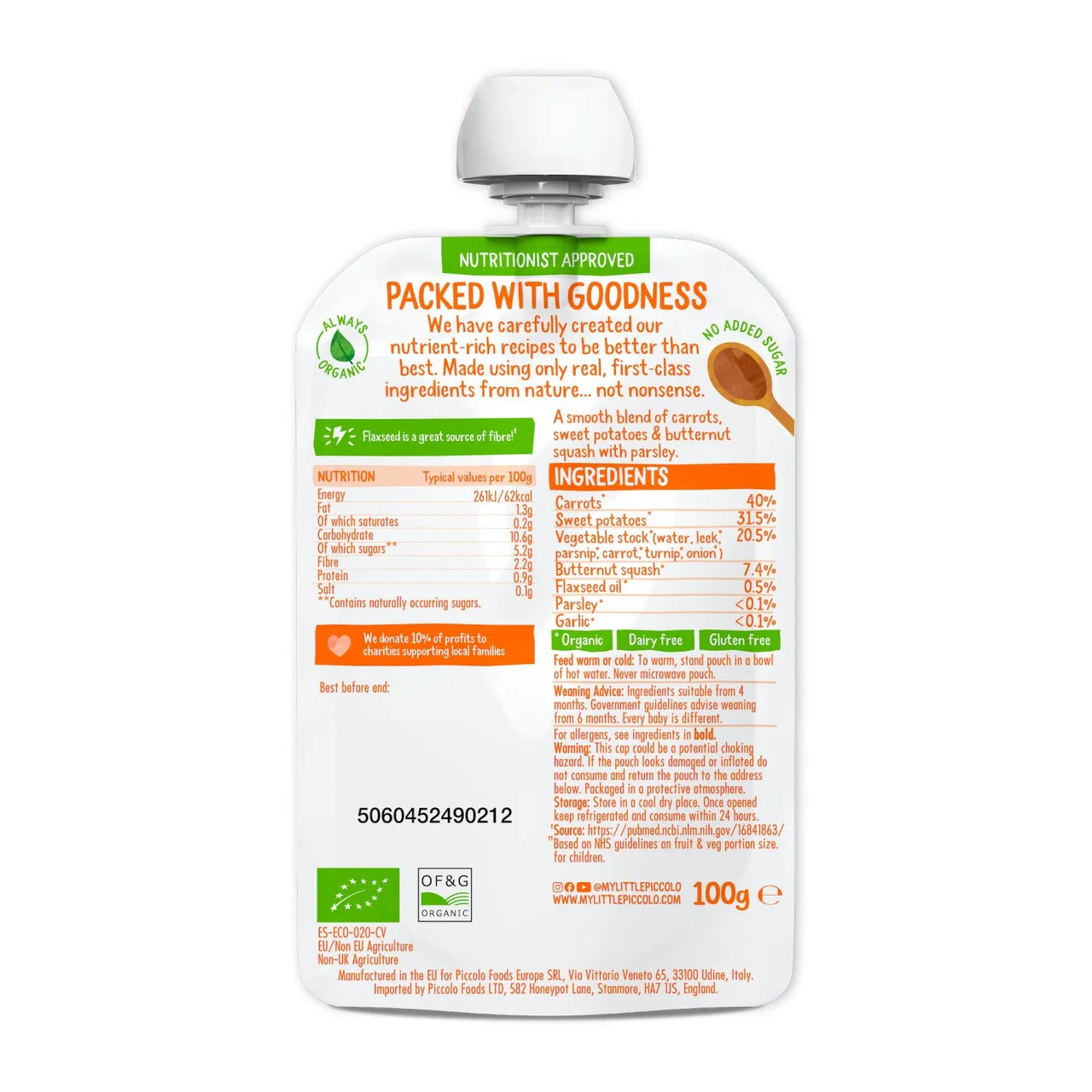 Piccolo Carrot, Sweet Potato & Butternut Squash Baby Food Pouch 4+ Months 100g
