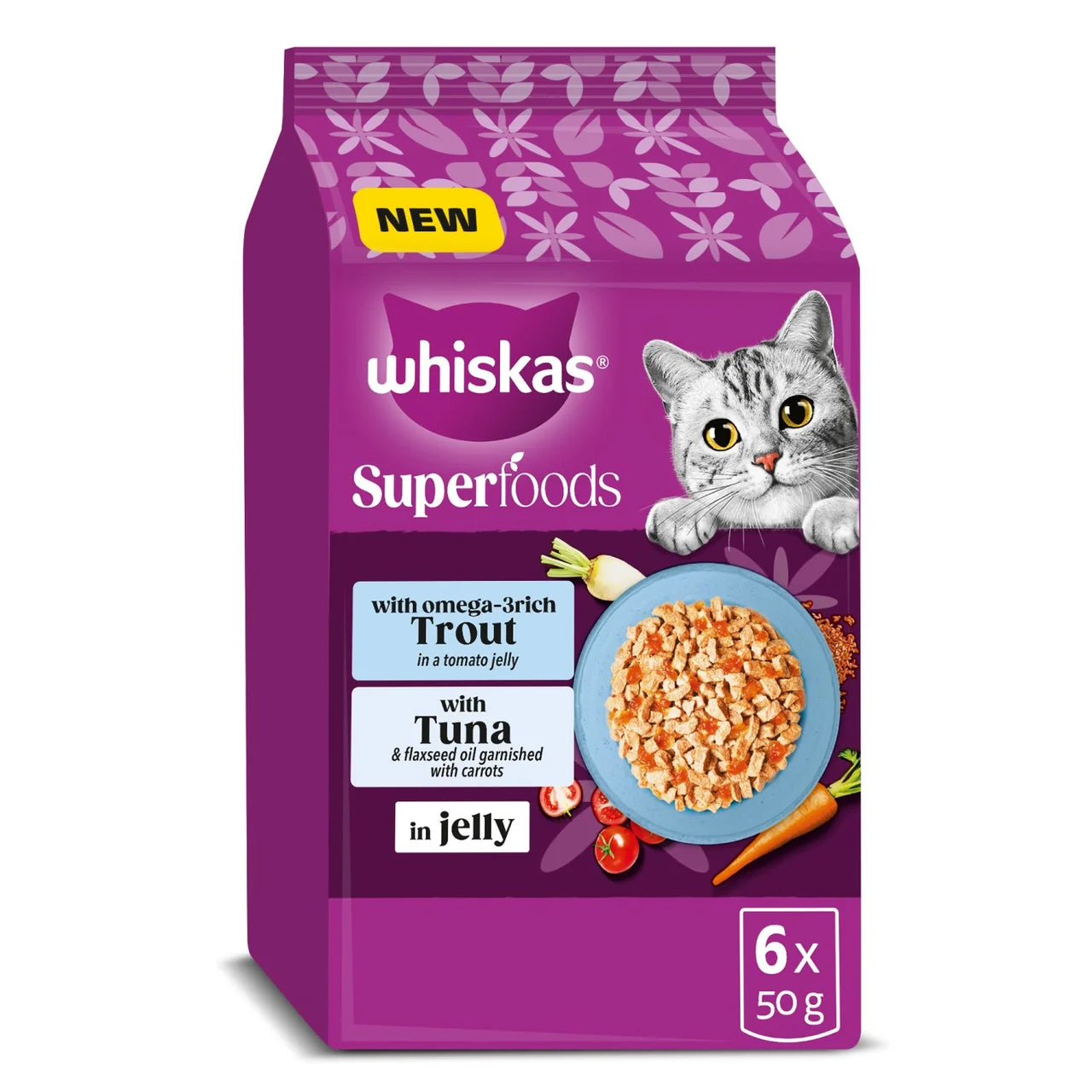 Whiskas 1+ Adult Wet Cat Food Superfoods with Fish in Jelly 6x50g