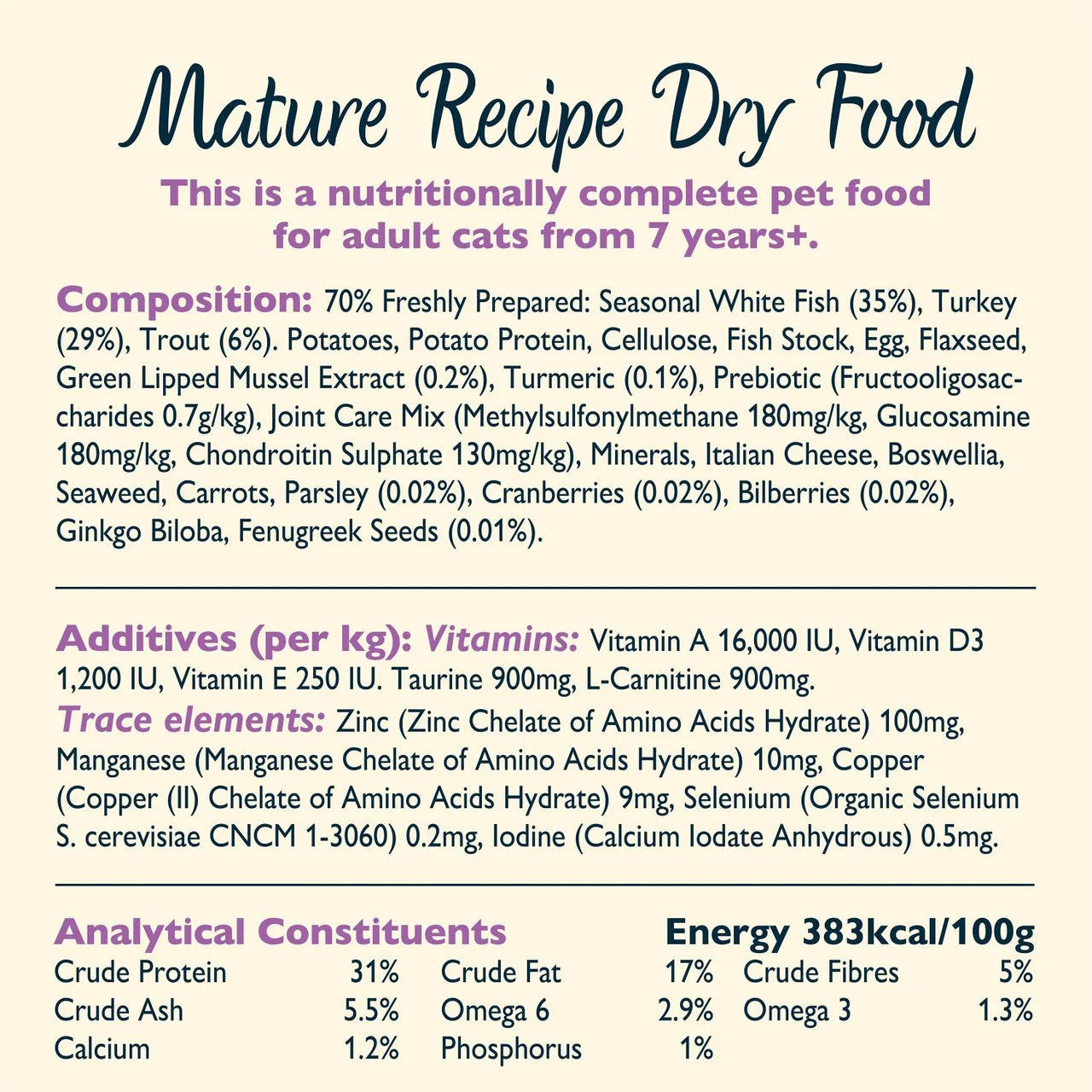 Lily's Kitchen Cat White Fish &Turkey Senior Recipe Dry Food 800g