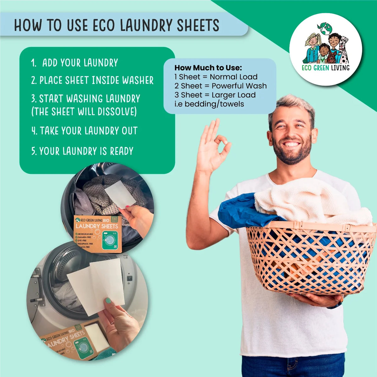 Eco Green Living Non Bio Laundry Sheet Un-scented 60 per pack