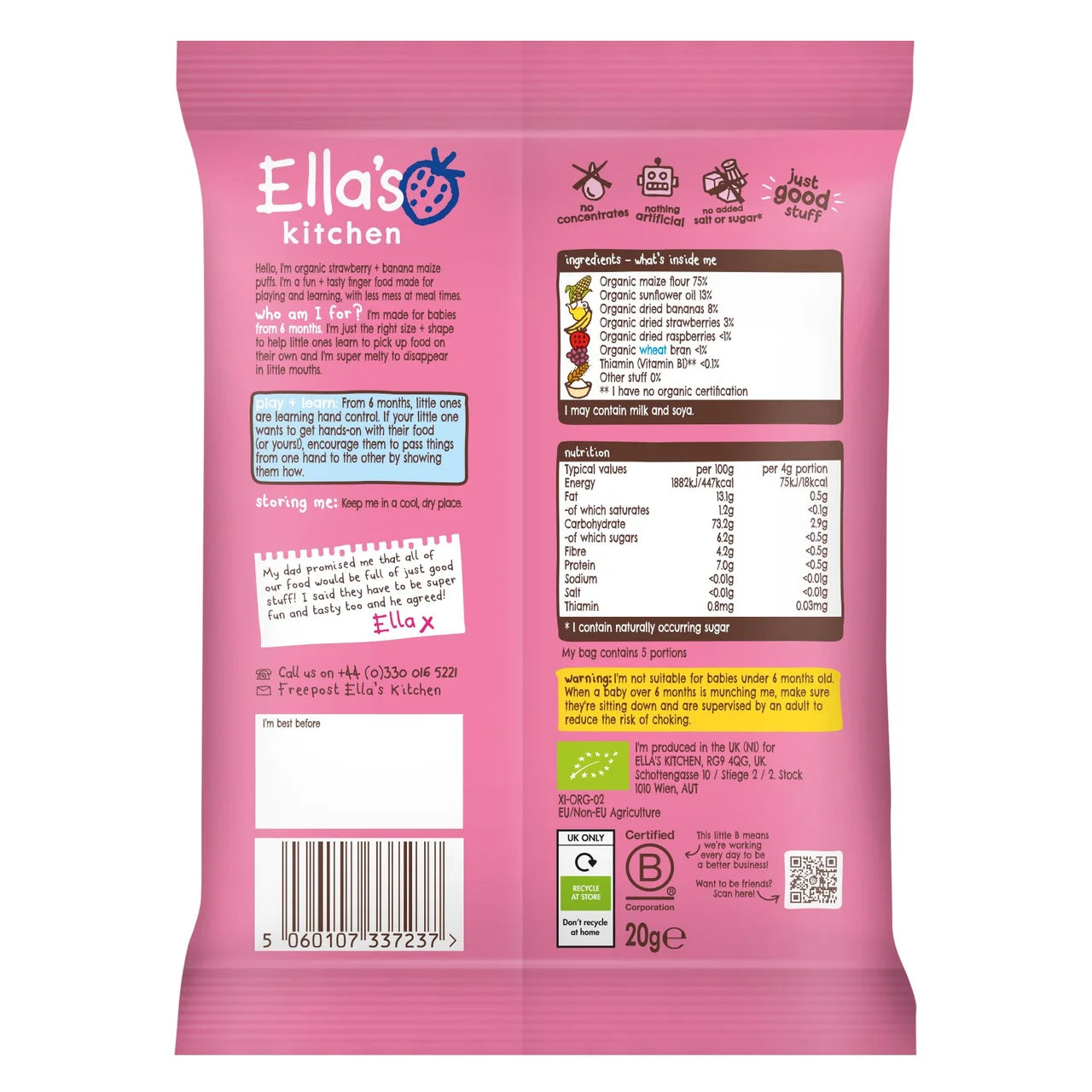 Ella's Kitchen Strawberry & Banana Melty Puffs Baby Snack 6+ Months 20g