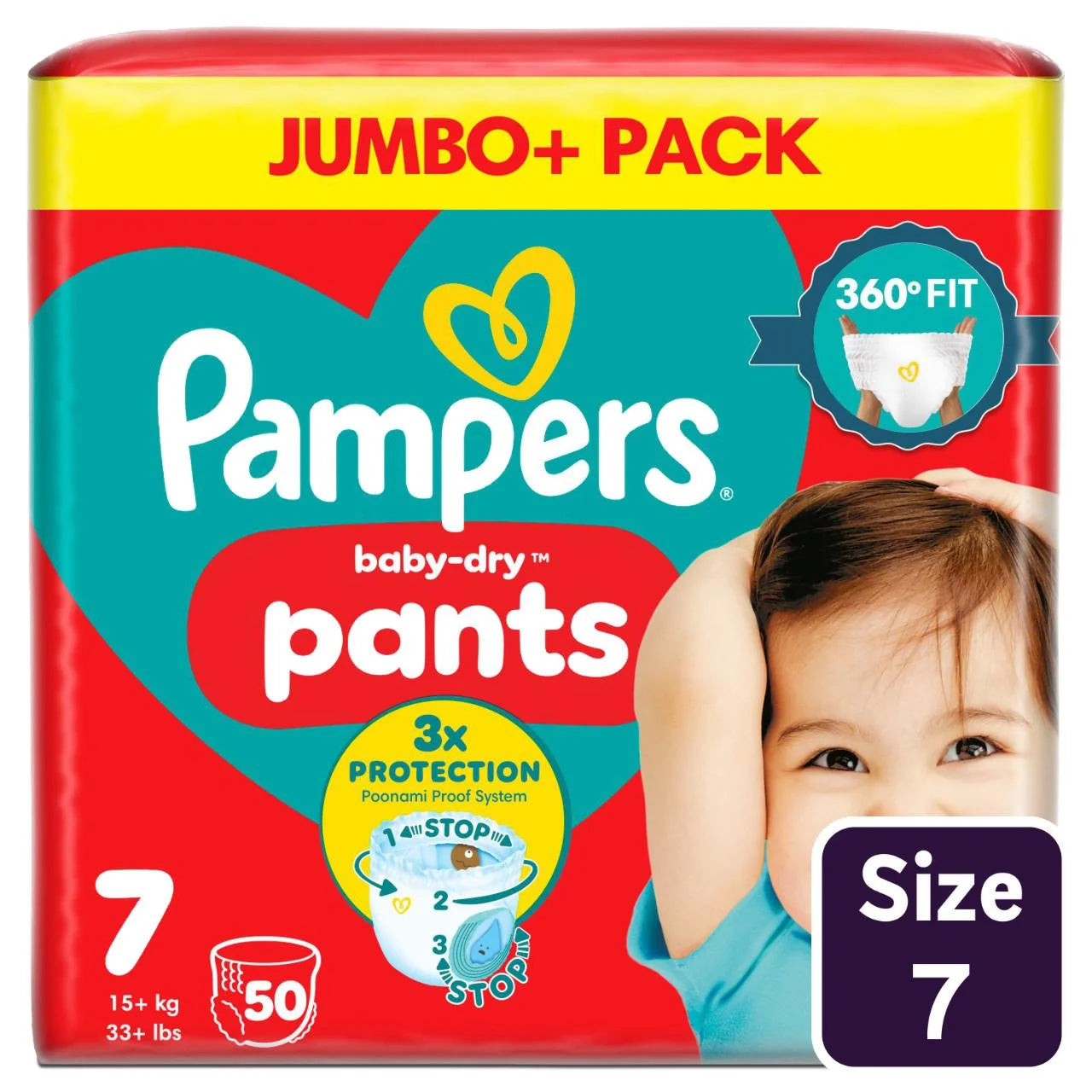 Pampers Baby-Dry Nappy Pants, Size 7 15kg+ Jumbo 50 per Pack