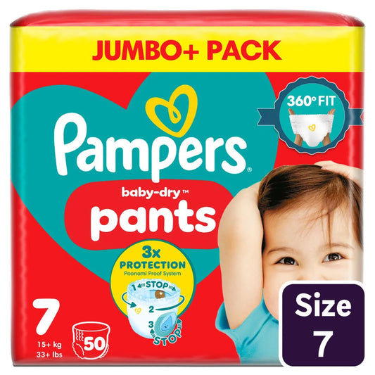 Pampers Baby-Dry Nappy Pants, Size 7 15kg+ Jumbo 50 per Pack