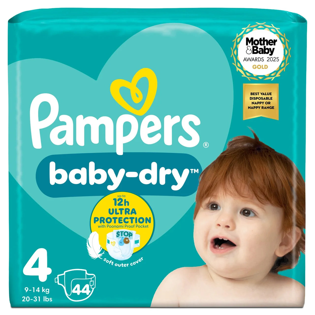 Pampers Baby-Dry Nappies, Size 4 (9-14kg) Essential 44 per Pack