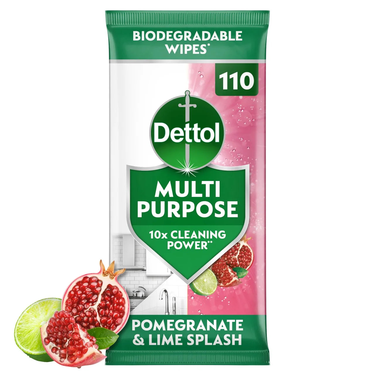 Dettol Antibacterial Biodegradable Pomegranate and Lime Wipes, 4x110