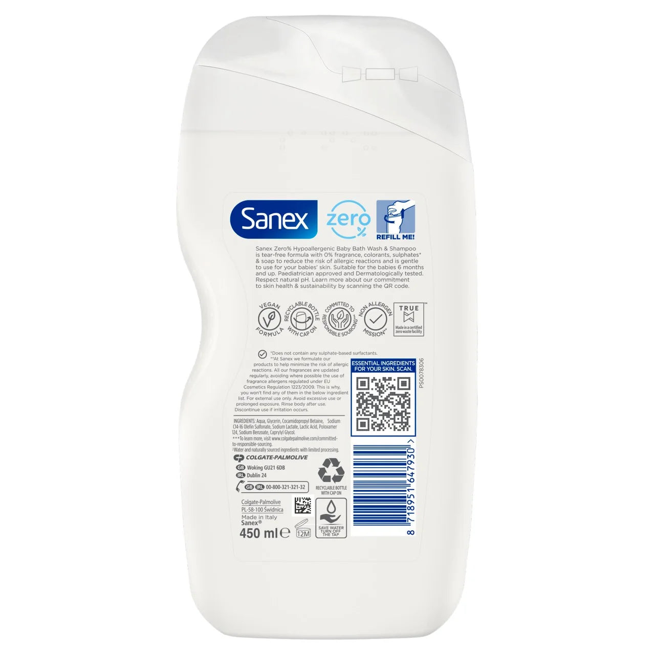 Sanex Zero% Fragrance Free Baby Bath & Wash 450ml