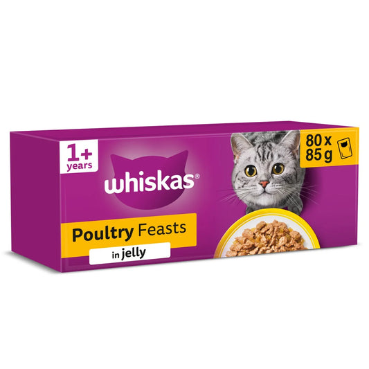 Whiskas 1+ Adult Wet Cat Food Poultry Feasts in Jelly 80 x 85g
