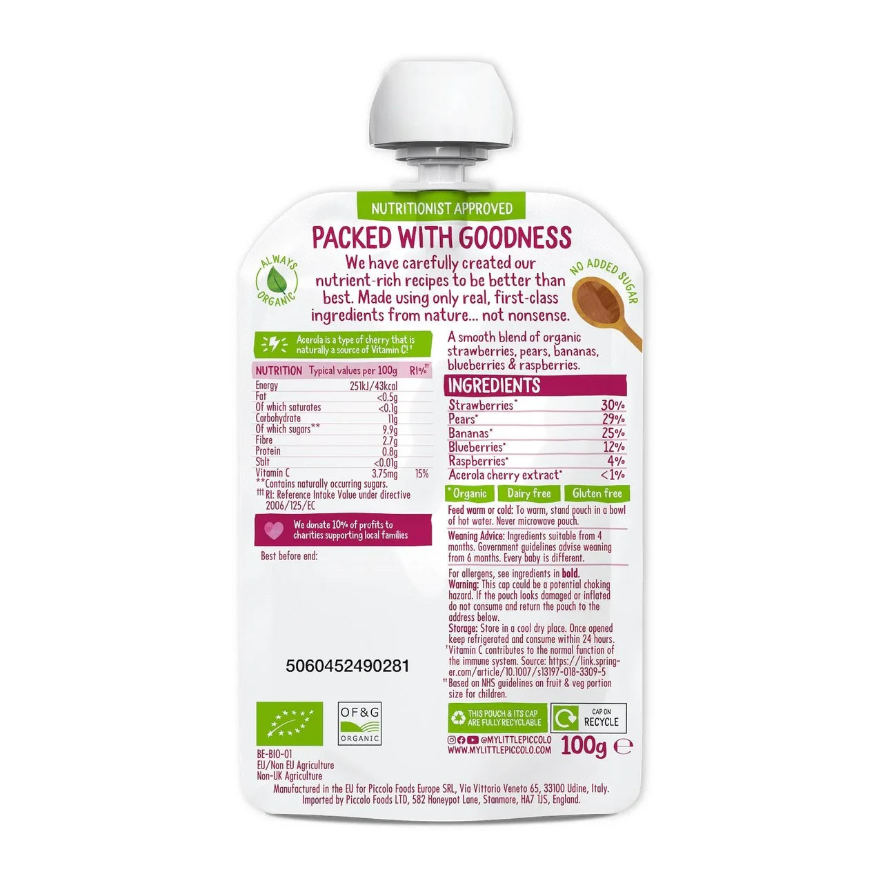 Piccolo Blushing Berries Baby Food Pouch 4+ Months 100g