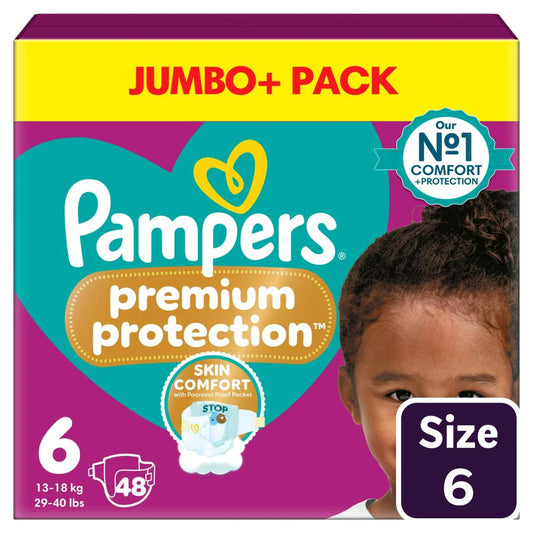Pampers Premium Protection Nappies, Size 6 (13kg+) Jumbo+ 48 per  Pack