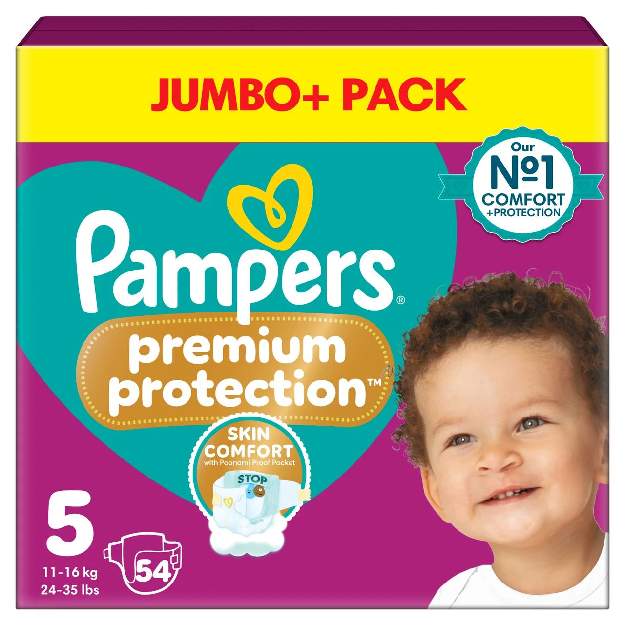 Pampers Premium Protection Nappies, Size 5 (11-16kg) Jumbo+ 54 per  Pack