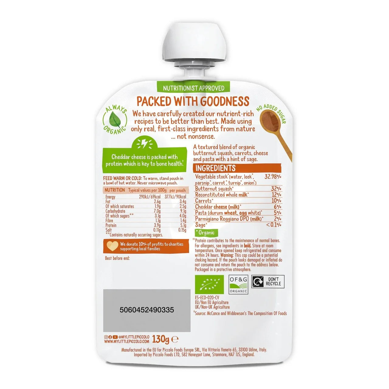 Piccolo Butternut Squash Organic Mac & Cheese Pouch, 7 mths+ 130g