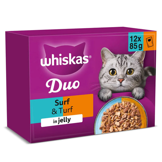 Whiskas 1+ Adult Wet Cat Food Pouches Surf & Turf Duo in Jelly 12 x 85g