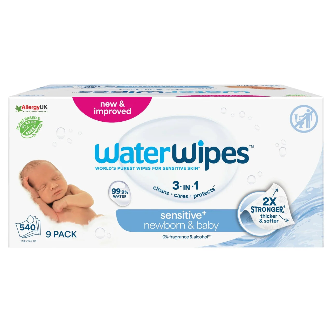 WaterWipes Baby Wipes Sensitive Newborn Plastic Free Wipes 540 Wipes , 9 x 60 per pack