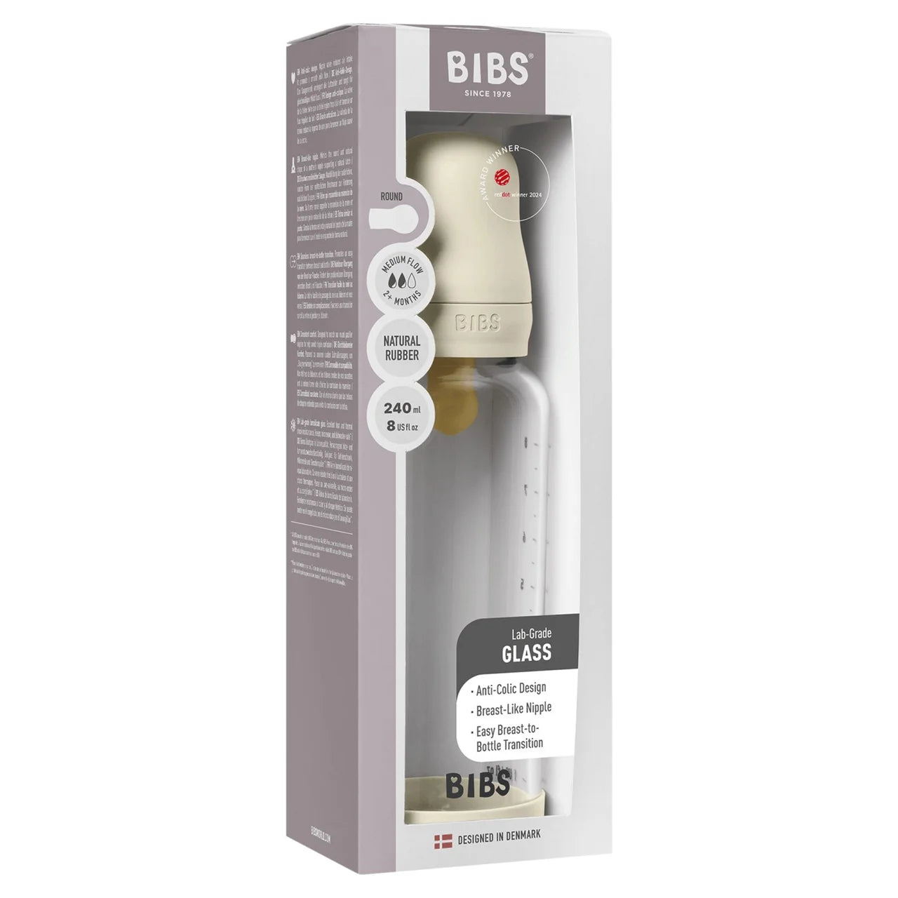 BIBS Glass Baby Bottle Medium Flow 240ml 2m+