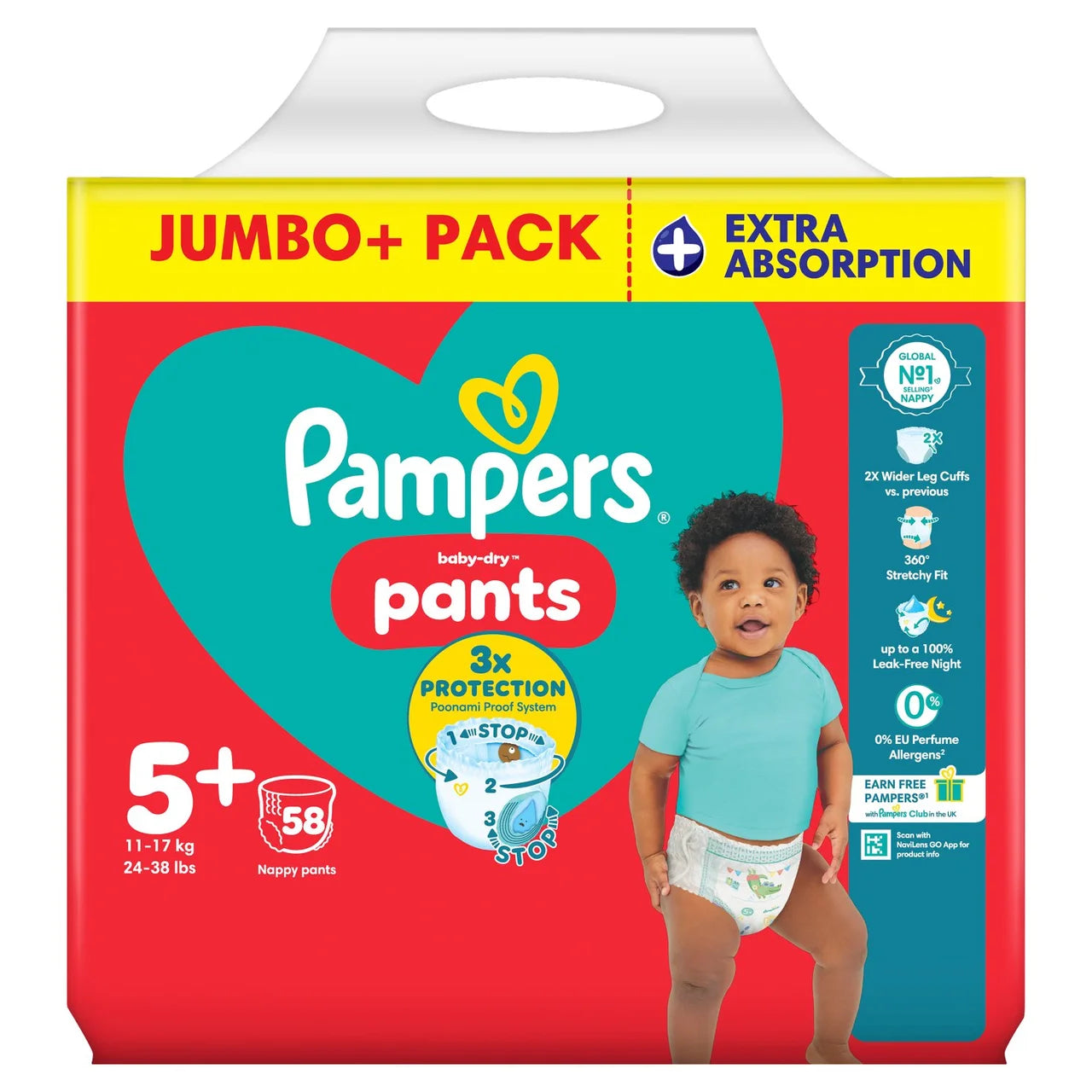 Pampers Baby-Dry Nappy Pants Size 5+ Extra Absorption Jumbo+ 58 per Pack