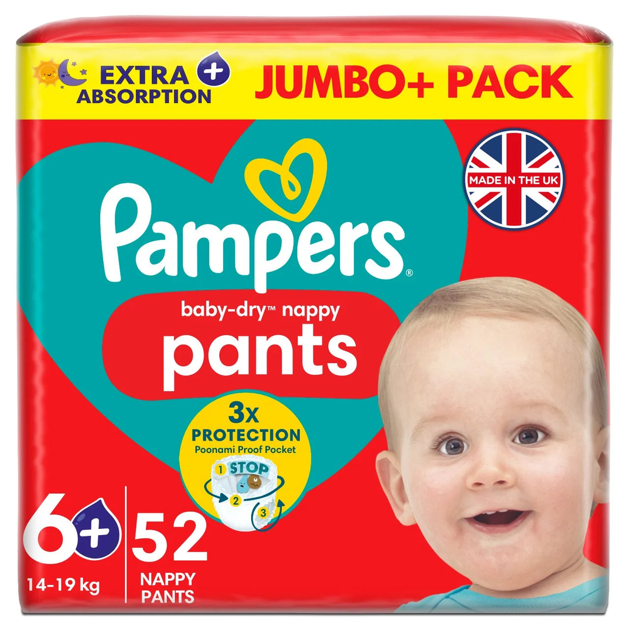 Pampers Baby-Dry Nappy Pants Size 6+ Extra Absorption Jumbo+ 52 per Pack