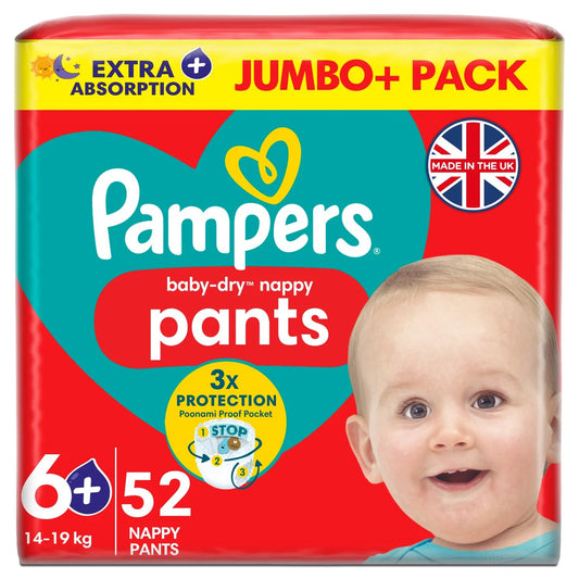 Pampers Baby-Dry Nappy Pants Size 6+ Extra Absorption Jumbo+ 52 per Pack