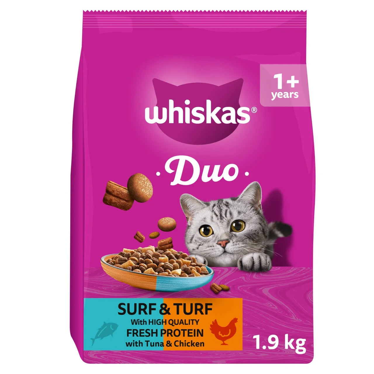 Whiskas 1+ Adult Complete Dry Duo Cat Food Surf & Turf 1.9kg