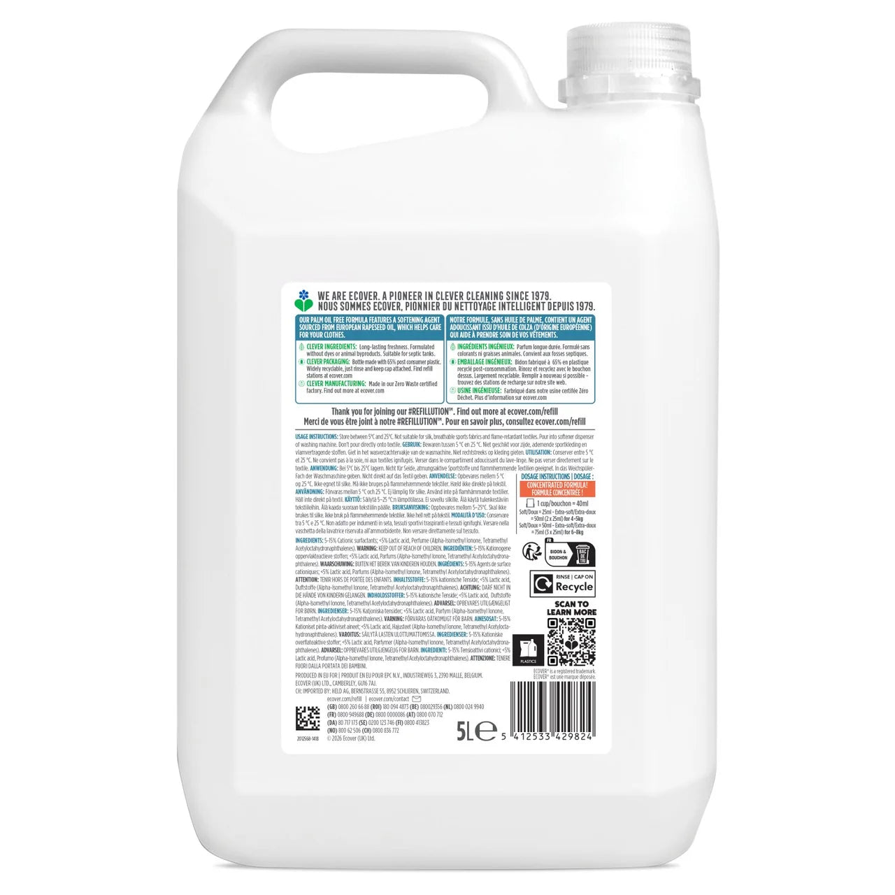 Ecover Concentrated Fabric Softener Rose & Bergamot 200 Washes 5L