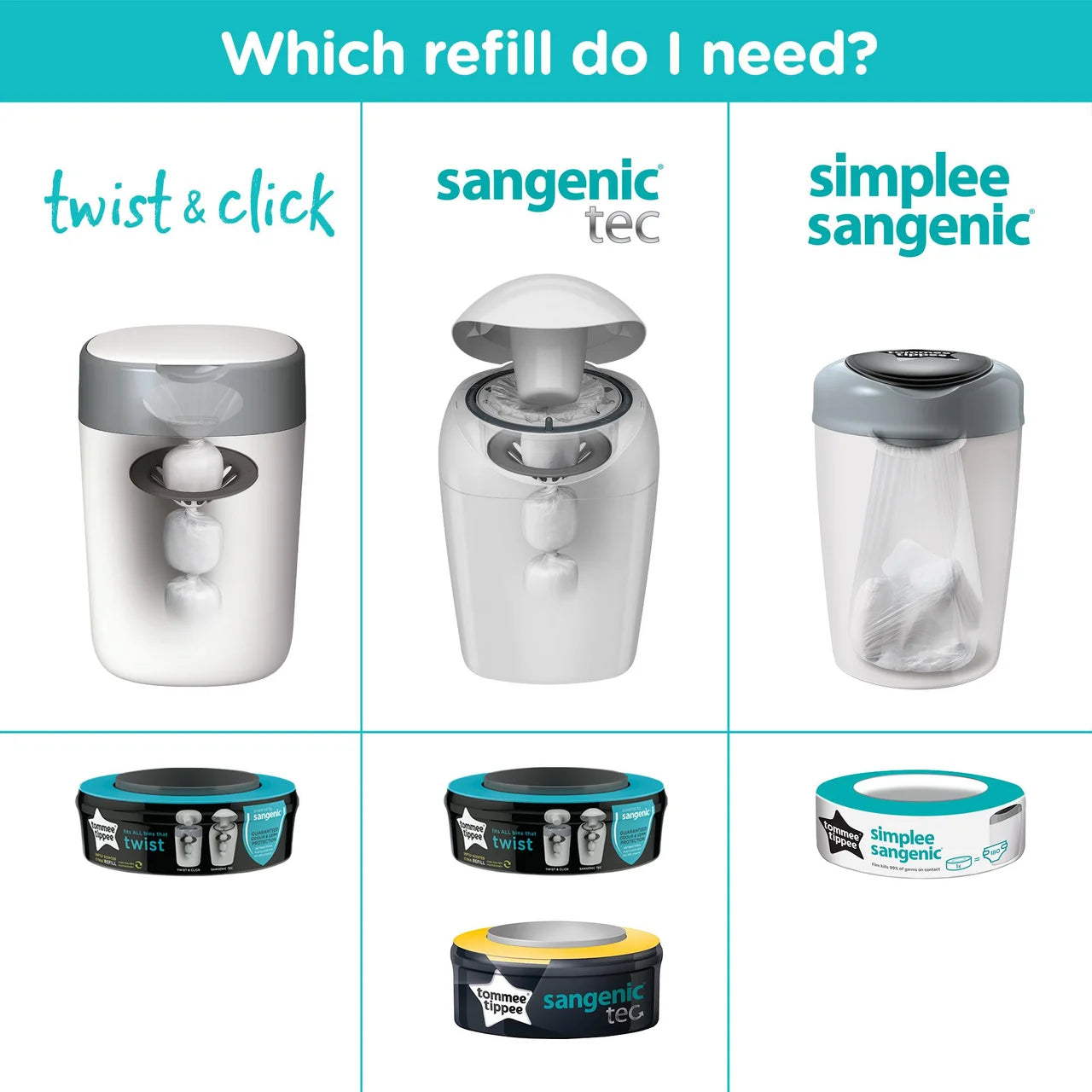Tommee Tippee Twist & Click Nappy Bin Refill Casettes, Multipack 6 per pack