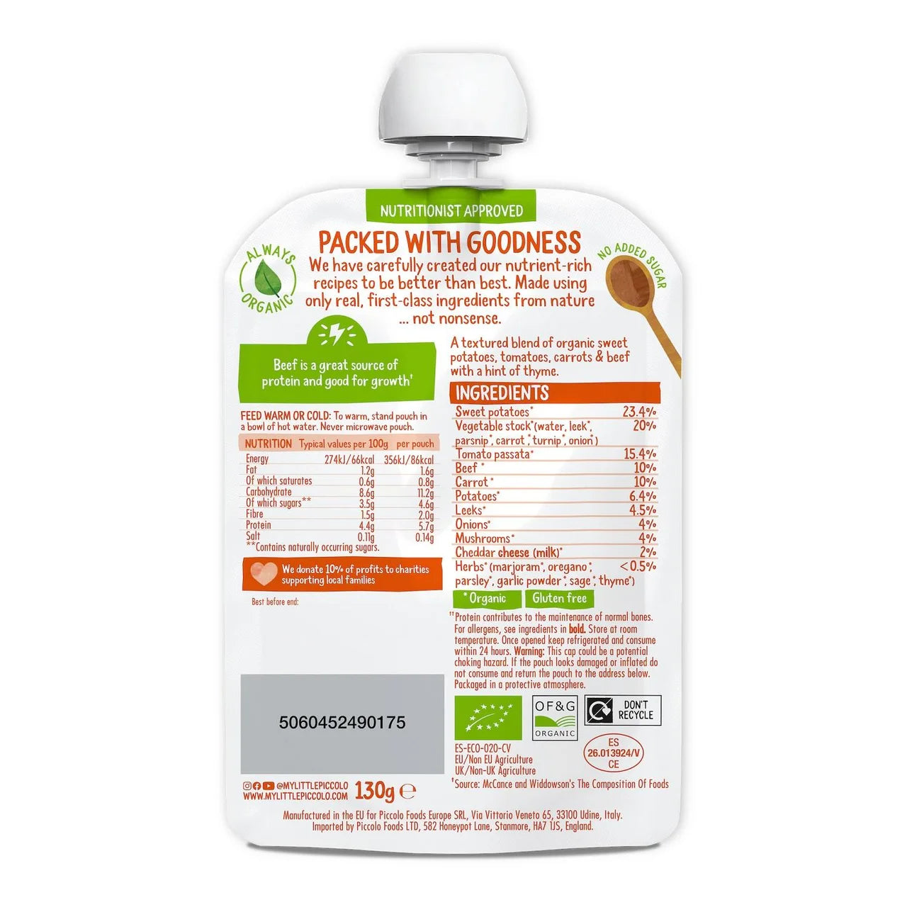 Piccolo Organic Sweet Potato & Beef Meatball Pouch, 7 mths+ 130g