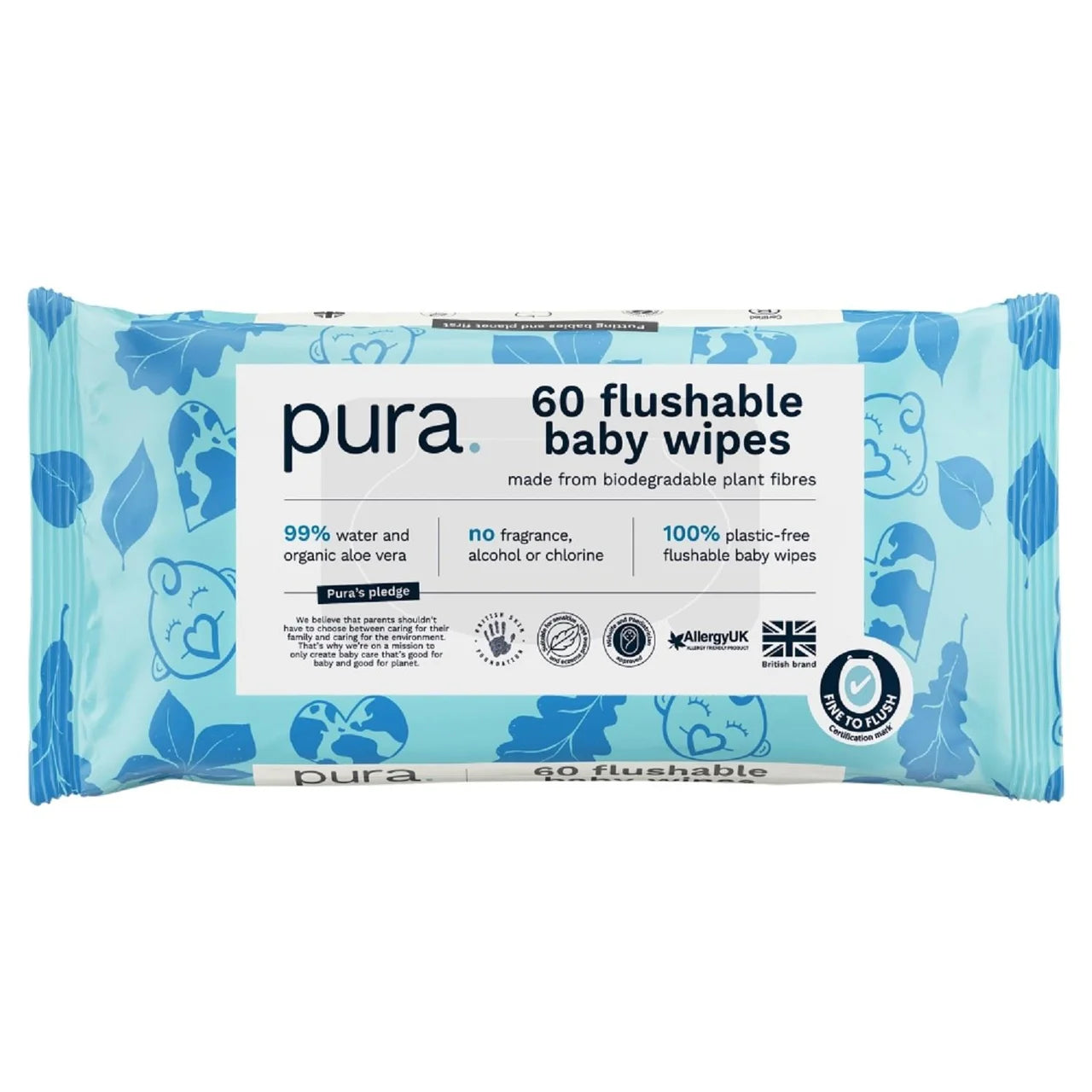 Pura Plastic Free Flushable Baby Wipes 3x60pk