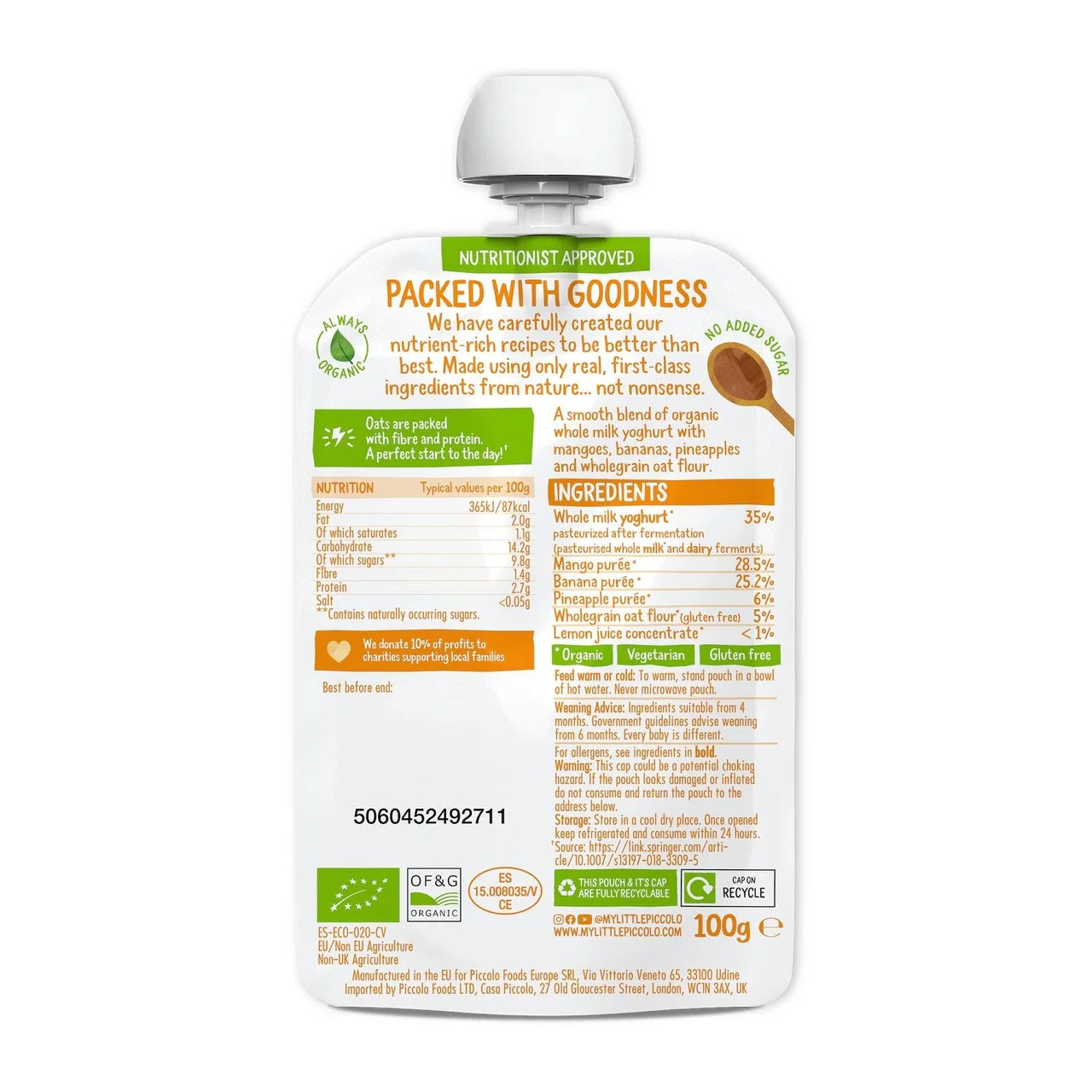 Piccolo Brekkie Mango & Pineapple Organic Baby Food Pouch 6mths+ 100g