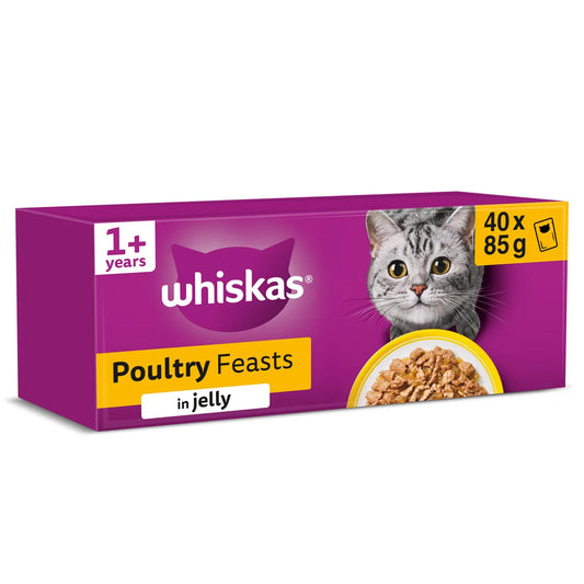 Whiskas 1+ Poultry Feasts Adult Wet Cat Food Pouches in Jelly 40 x 85g