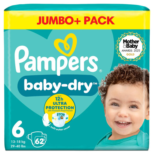 Pampers Baby-Dry Nappies, Size 6 (13-18kg) Jumbo+ 62 per  Pack