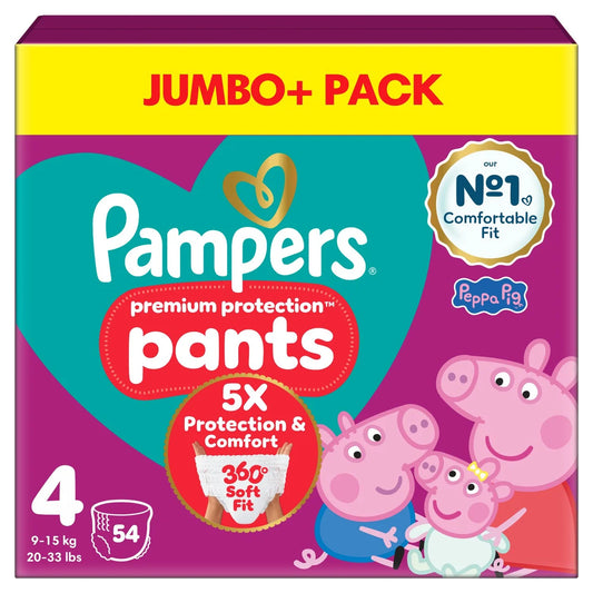 Pampers Premium Protection Nappy Pants, Size 4 (9-15kg) Jumbo+ 54 per  Pack