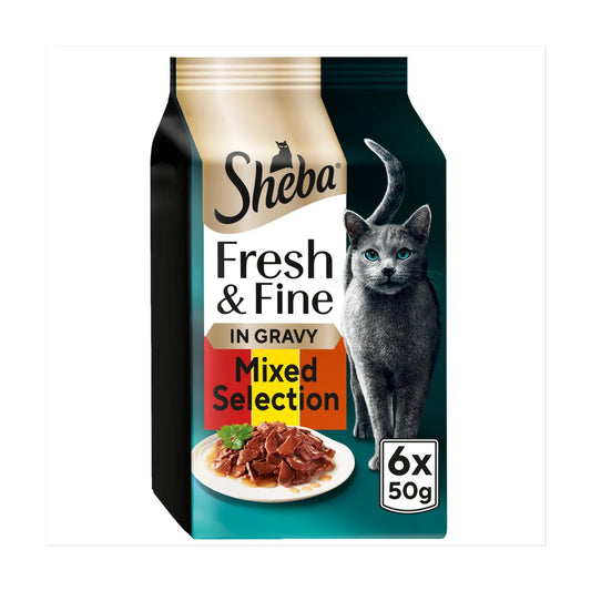 Sheba Fresh & Fine Cat Pouches with Beef & Chicken & Lamb in Gravy 6 x 50g