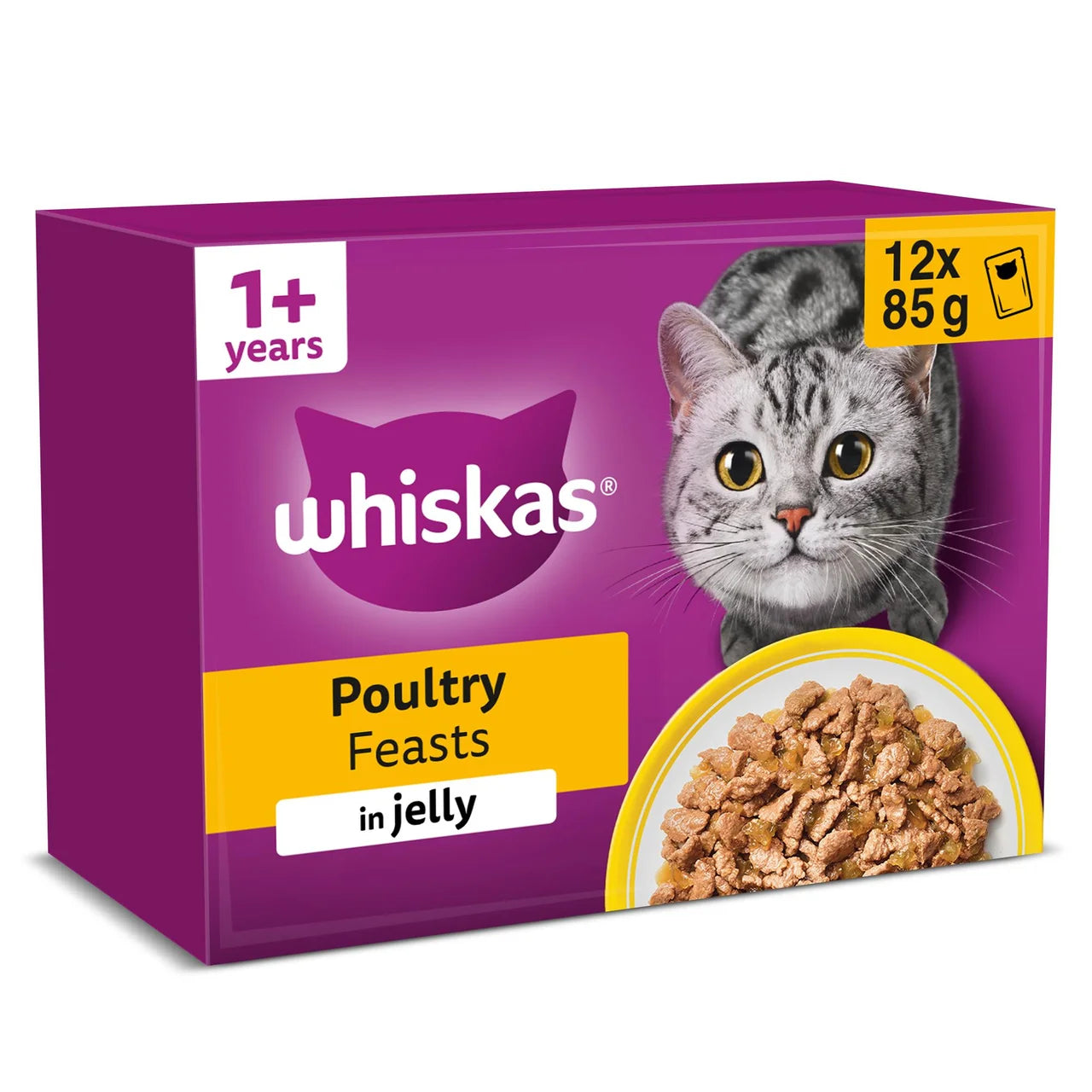 Whiskas 1+ Poultry Feasts Adult Wet Cat Food Pouches in Jelly  12 x 85g