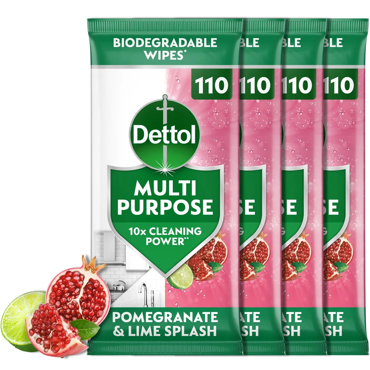 Dettol Antibacterial Biodegradable Pomegranate and Lime Wipes, 4x110
