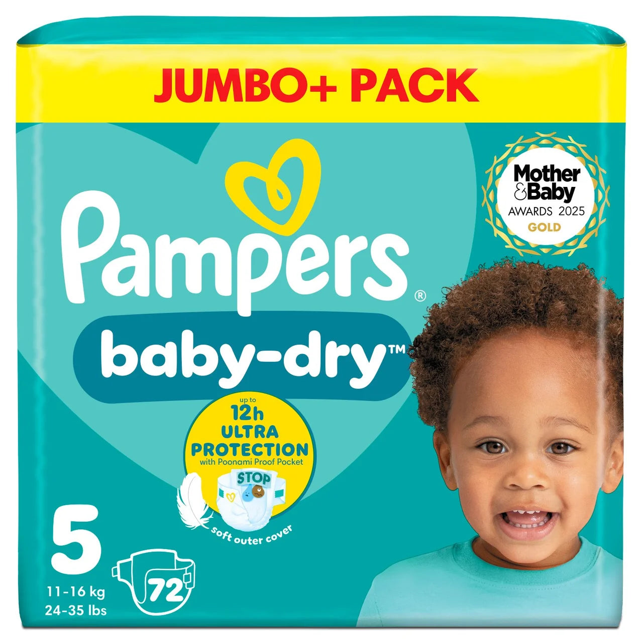 Pampers Baby-Dry Nappies, Size 5 (11-16kg) Jumbo+ 72 per Pack