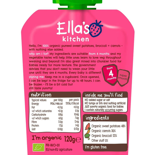 Ella's Kitchen Sweet Potatoes, Broccoli & Carrots Baby Food Pouch 4+ Months 120g