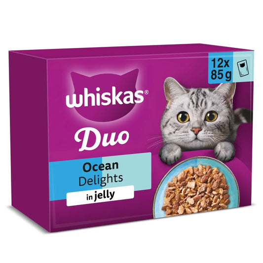 Whiskas 1+ Duo Ocean Delights Adult Wet Cat Food Pouches in Jelly 12 x 85g