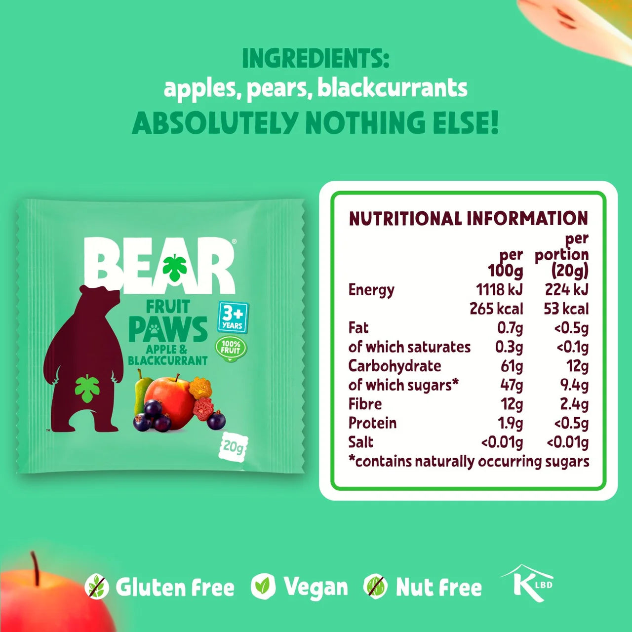 BEAR Apple & Blackcurrant Fruit Paws Kids Snack Multipack 5 x 20g