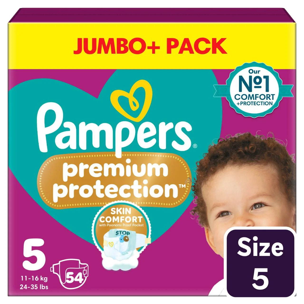 Pampers Premium Protection Nappies, Size 5 (11-16kg) Jumbo+ 54 per  Pack