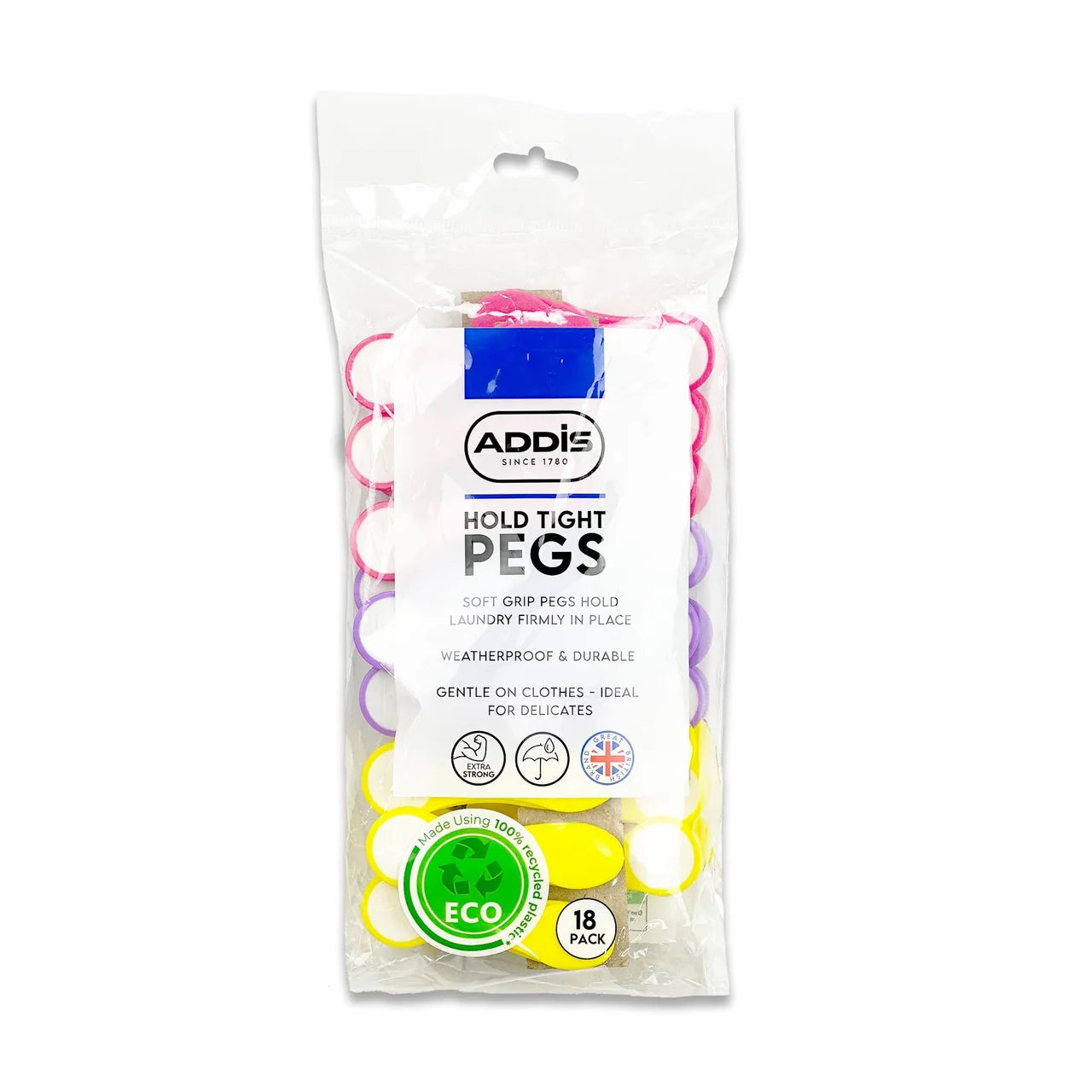 Addis Ultra Hold Tight Clothes Pegs with Soft Grip, Mixed Colours 18 per pack