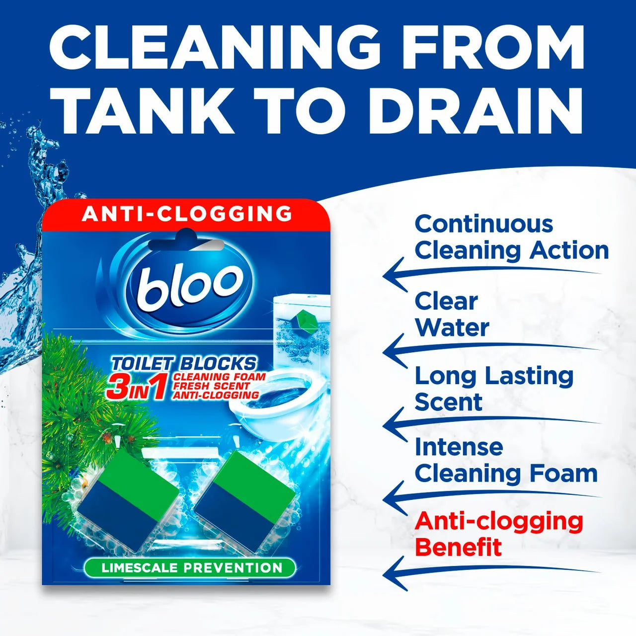 Bloo Toilet Blocks, Toilet Cleaner Block with Cleaning and Foaming Action 2 per pack
