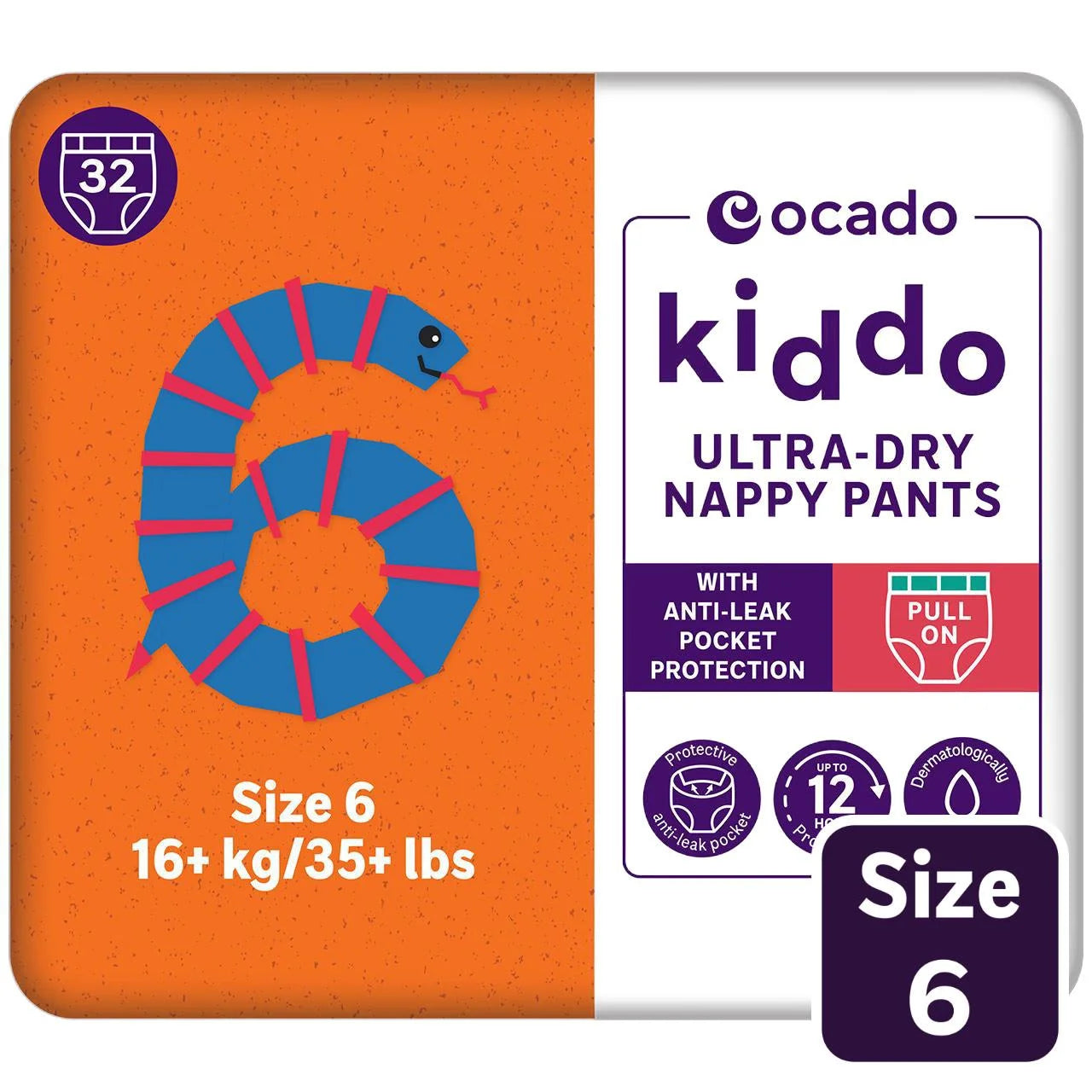 Ocado Kiddo Ultra-Dry Nappy Pants Size 6 (16kg+) 32 per pack