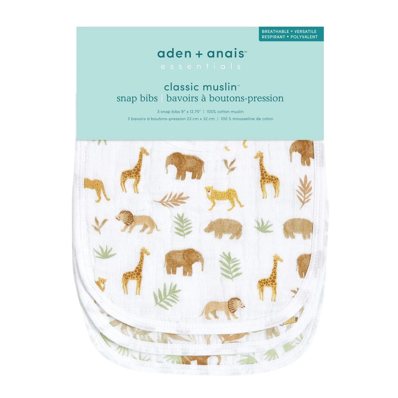 Aden+Anais essentials 3 pack cotton muslin baby snap bibs tanzania 3 per pack