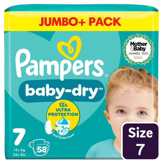 Pampers Baby-Dry Nappies, Size 7 (15kg+) Jumbo+ 58 per Pack